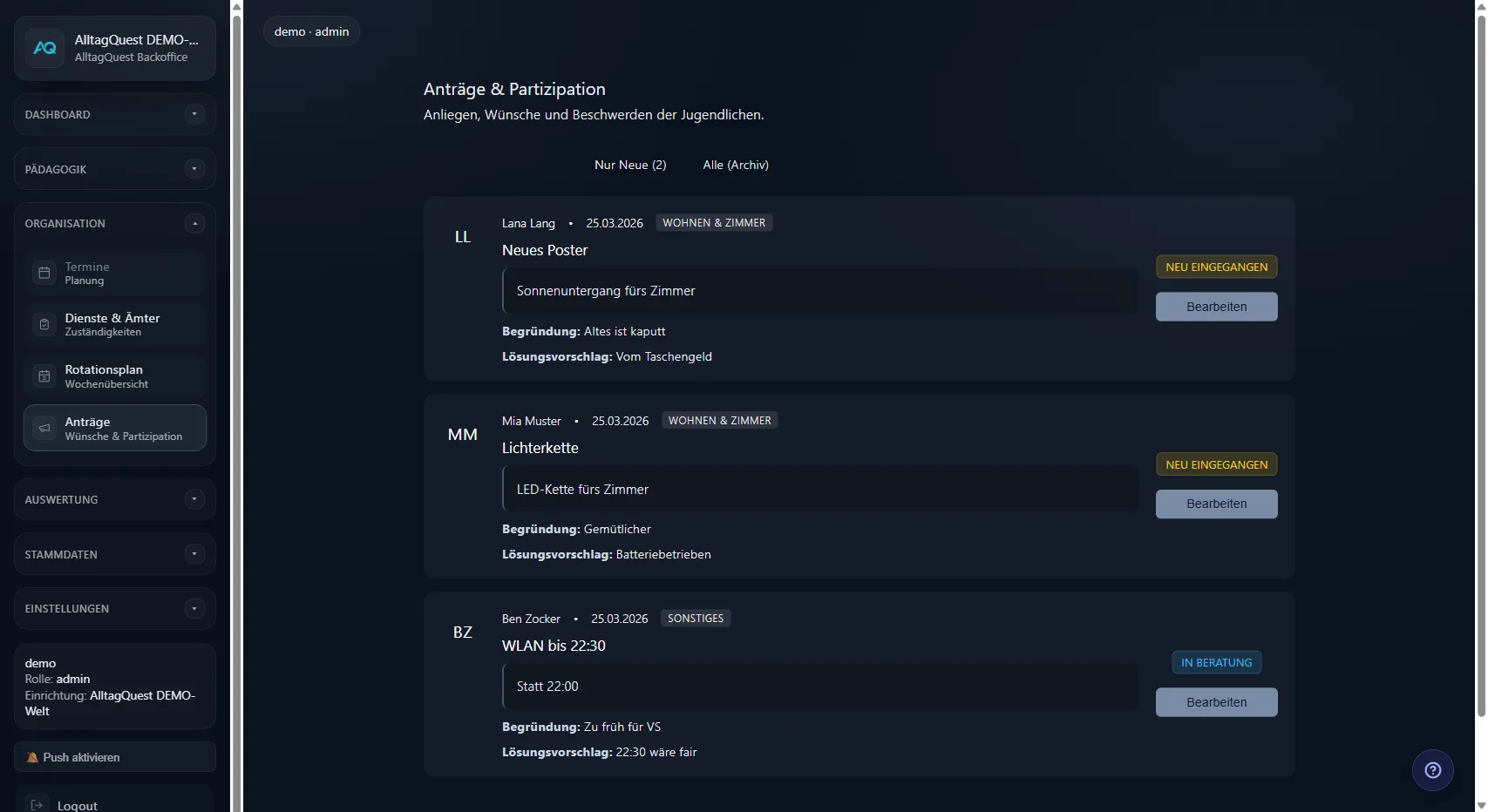 Anträge und Partizipation mit Wünschen und Beschwerden der Jugendlichen