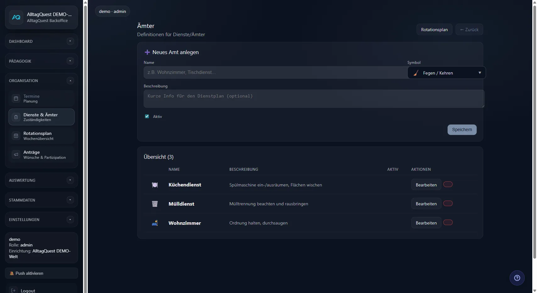 Ämter-Verwaltung für Küchendienst, Mülldienst und Wohnzimmer