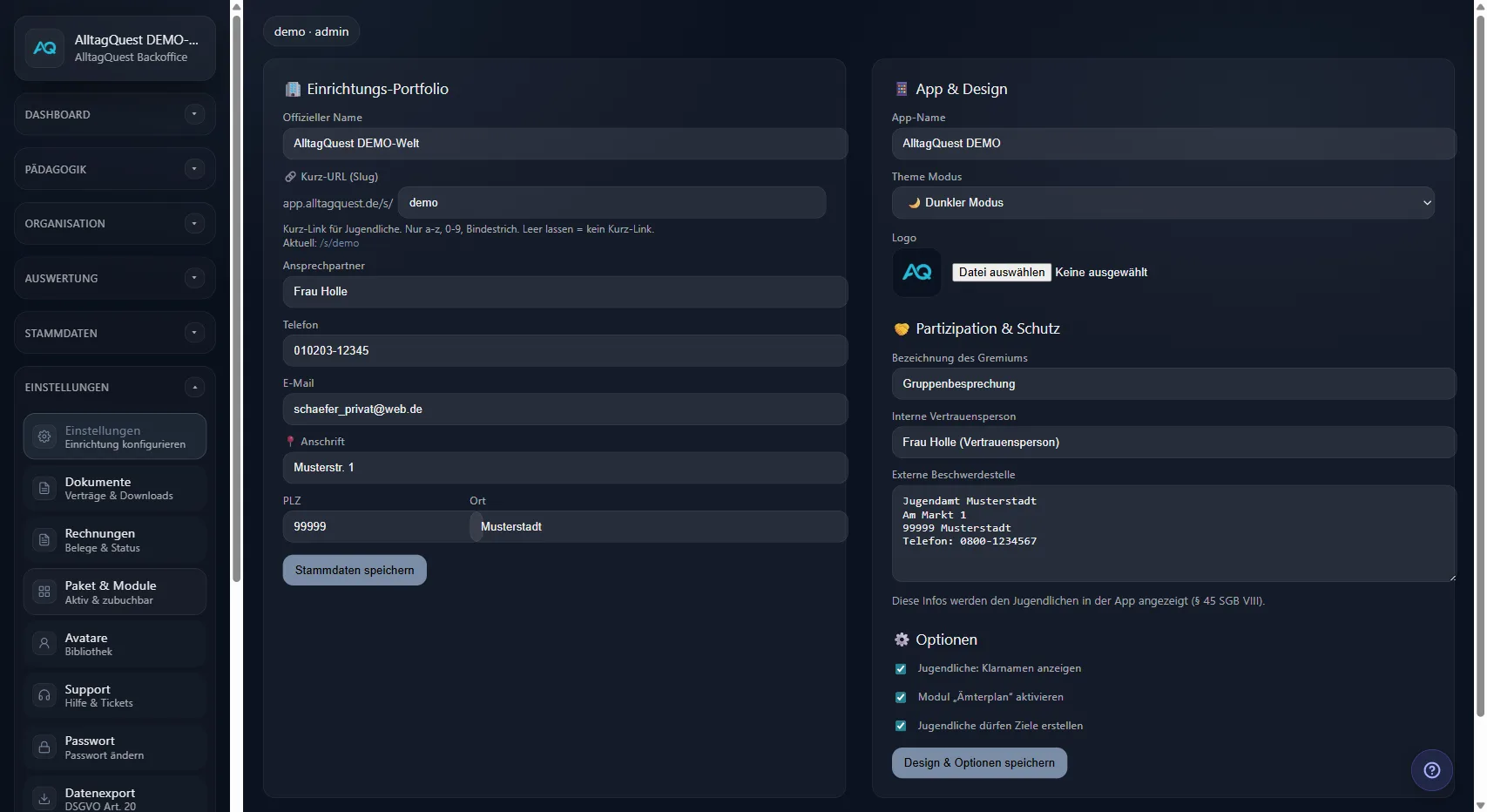 Einrichtungs-Konfiguration mit Stammdaten, Design und Partizipation