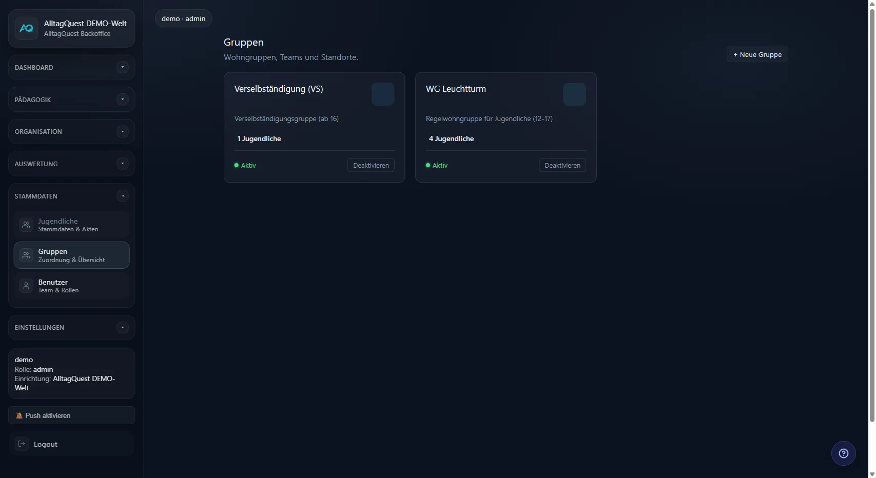 Gruppen-Verwaltung mit Wohngruppen und Verselbständigungsgruppe