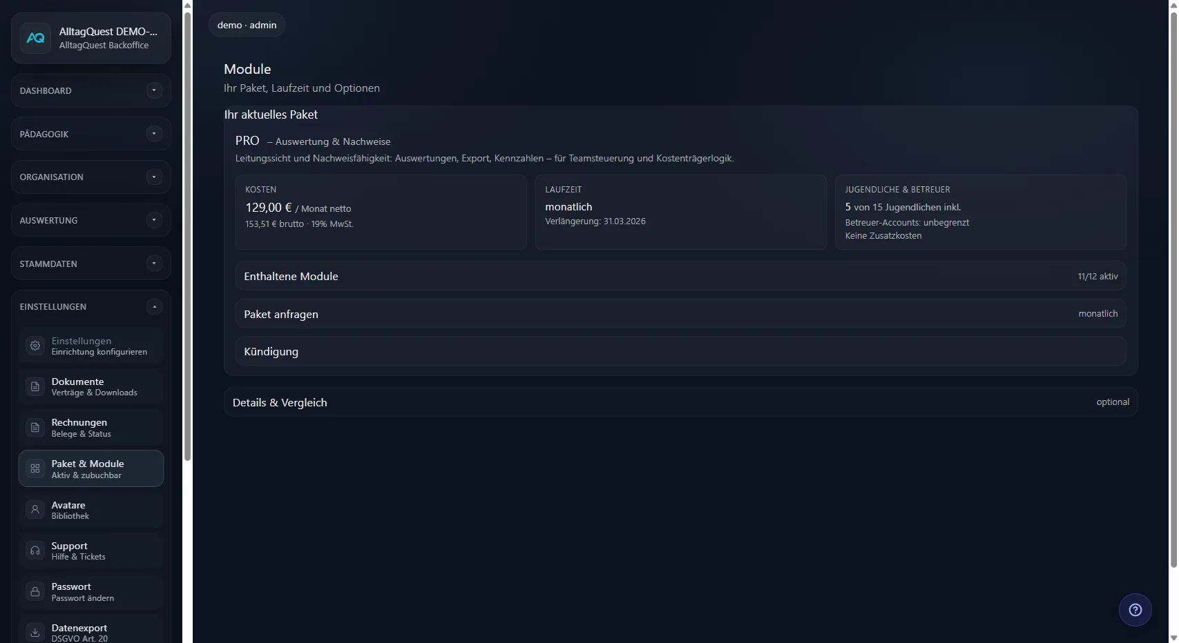 Paket- und Modul-Übersicht mit PRO-Bundle und Laufzeit