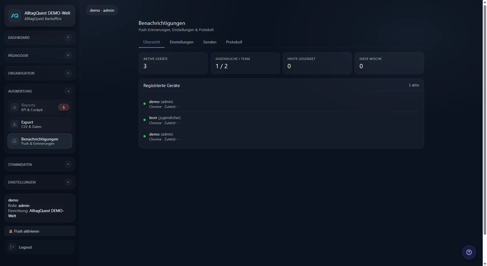 Push-Benachrichtigungen mit registrierten Geräten und Statistiken