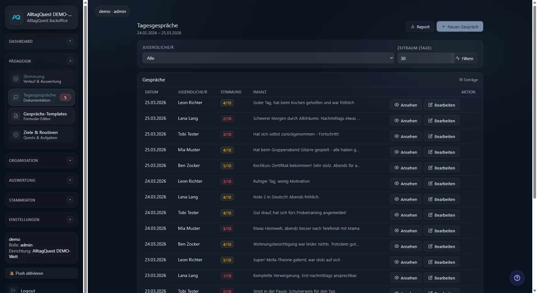 Tagesgespräche-Liste mit Stimmungswerten und Gesprächsinhalten