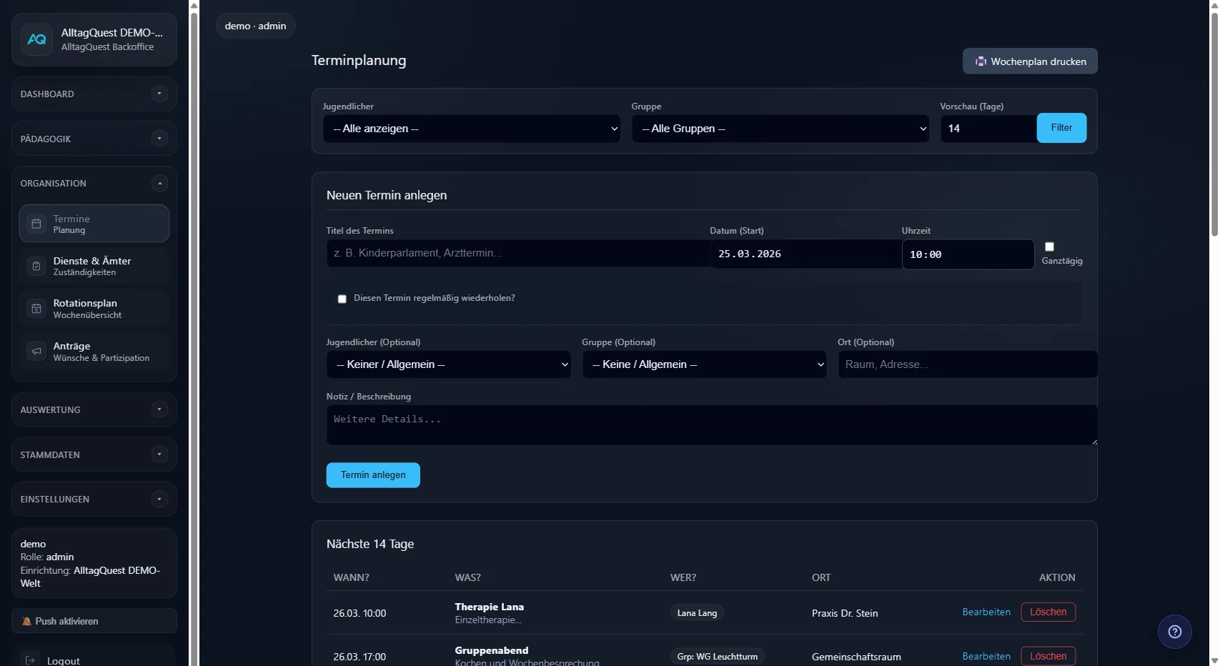 Terminplanung mit Filter, Formular und Terminliste