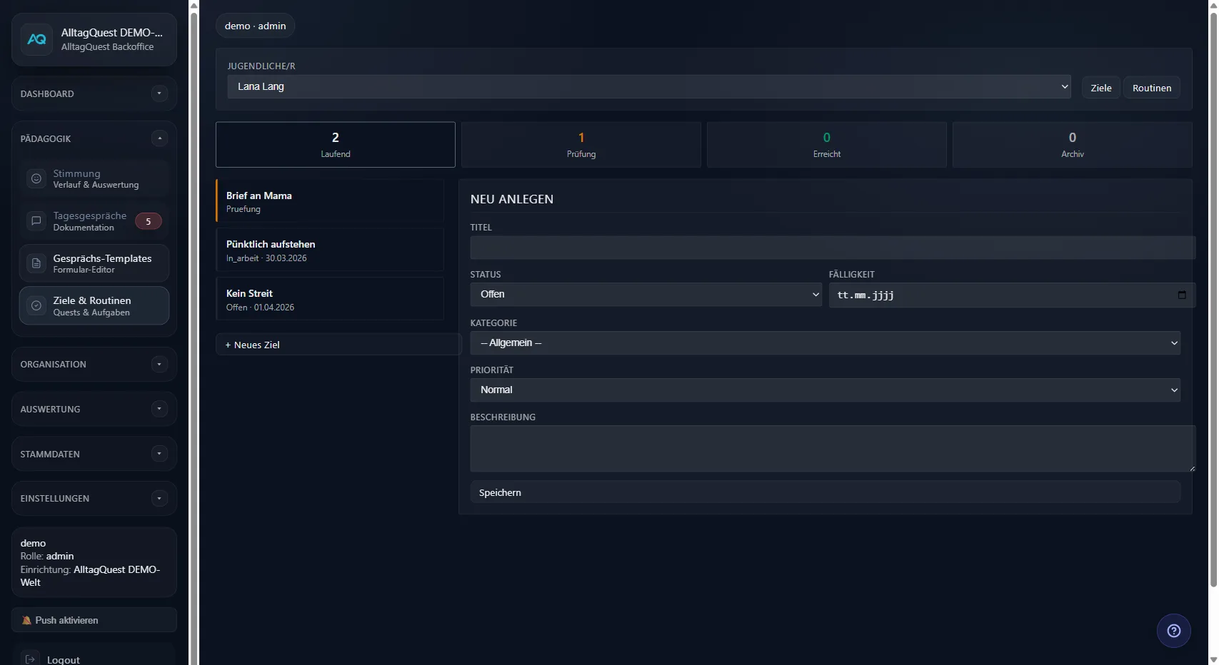 Zielarbeit und Quests in AlltagQuest mit Status und Formular
